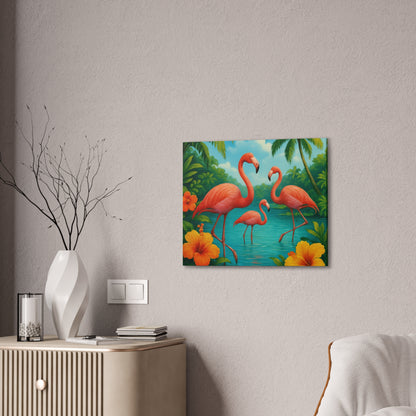 Canvas Wall Art, Tropical Flamingo Scene, Vibrant Nature Decor, Perfect for Living Room, Beach House, Birthday Gift
