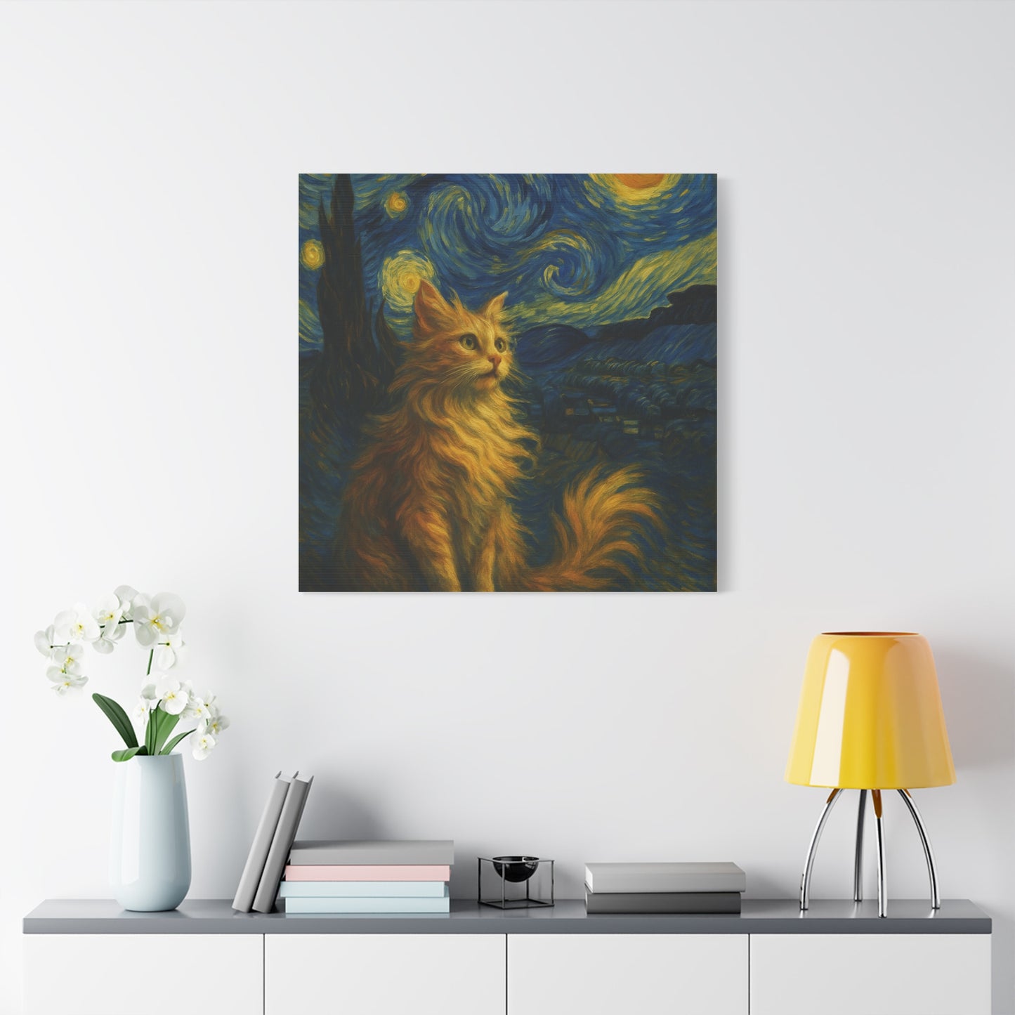 Canvas Print, Cat in Starry Night, Funny Cats, Colourful Vibrant, Matte Wall Art, Stretched Canvas, Home Decor, Gift for Cat Lovers