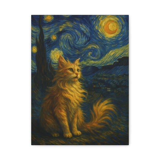 Canvas Print, Cat in Starry Night, Funny Cats, Colourful Vibrant, Matte Wall Art, Stretched Canvas, Home Decor, Gift for Cat Lovers