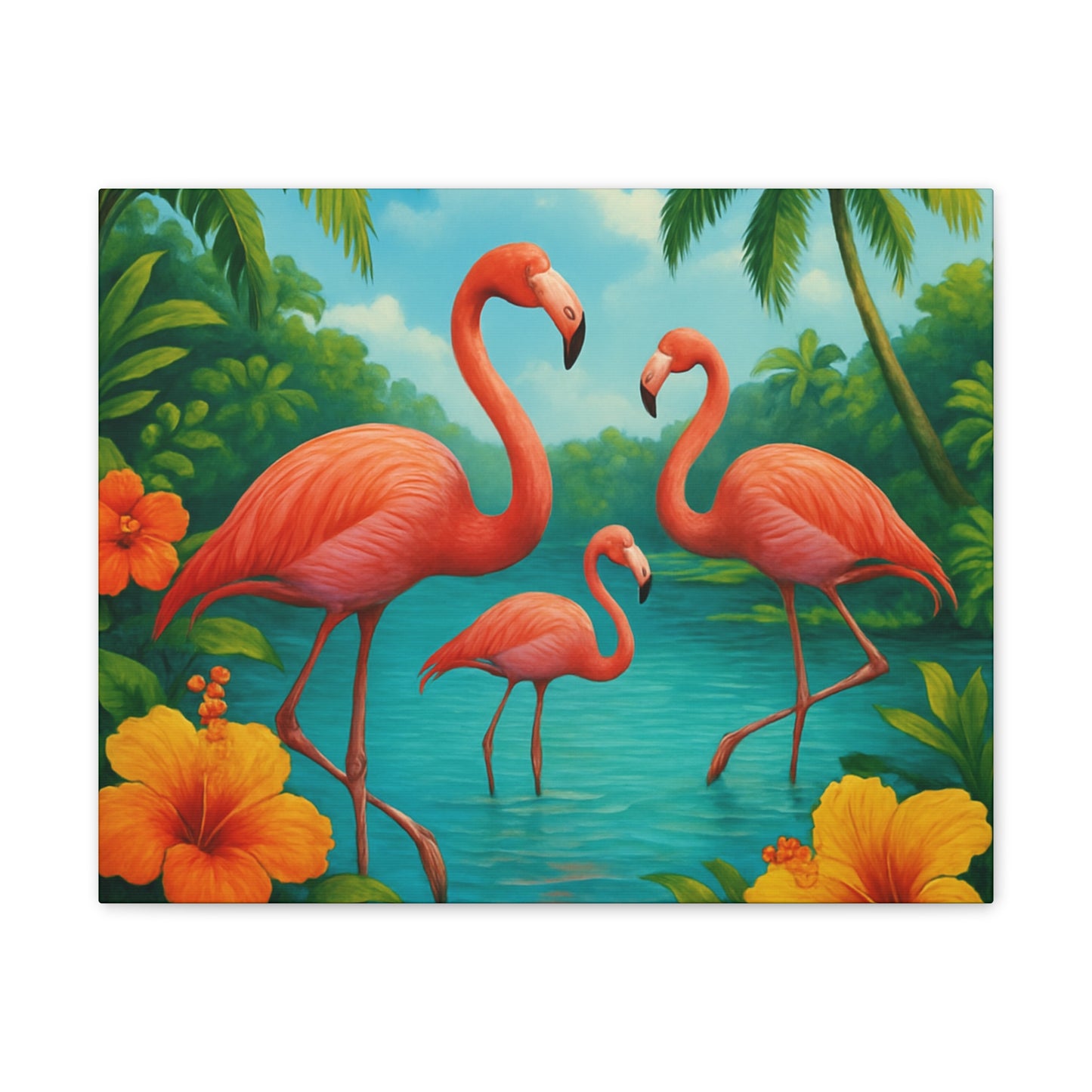 Canvas Wall Art, Tropical Flamingo Scene, Vibrant Nature Decor, Perfect for Living Room, Beach House, Birthday Gift
