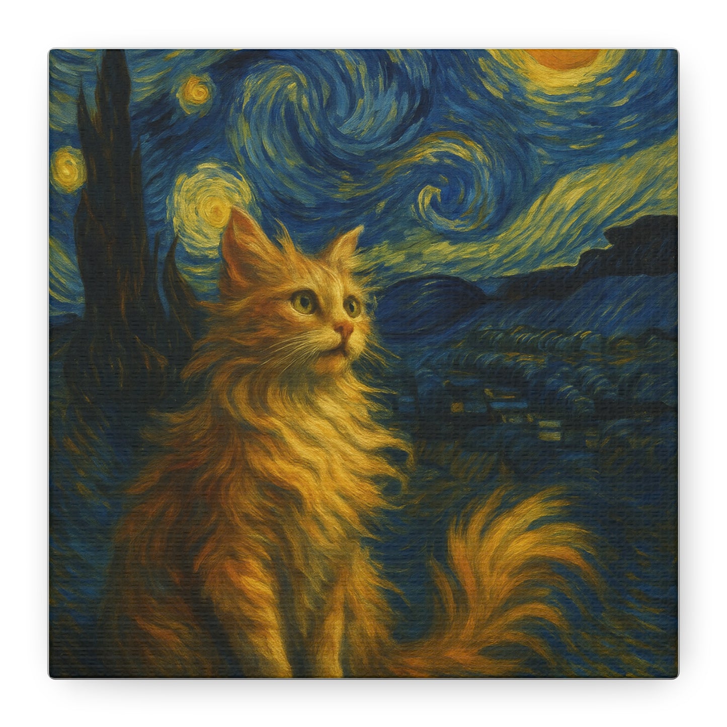 Canvas Print, Cat in Starry Night, Funny Cats, Colourful Vibrant, Matte Wall Art, Stretched Canvas, Home Decor, Gift for Cat Lovers