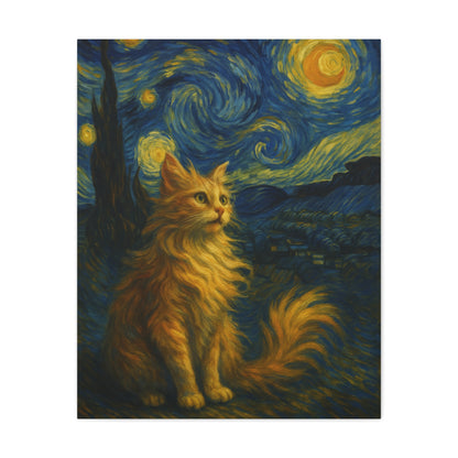 Canvas Print, Cat in Starry Night, Funny Cats, Colourful Vibrant, Matte Wall Art, Stretched Canvas, Home Decor, Gift for Cat Lovers