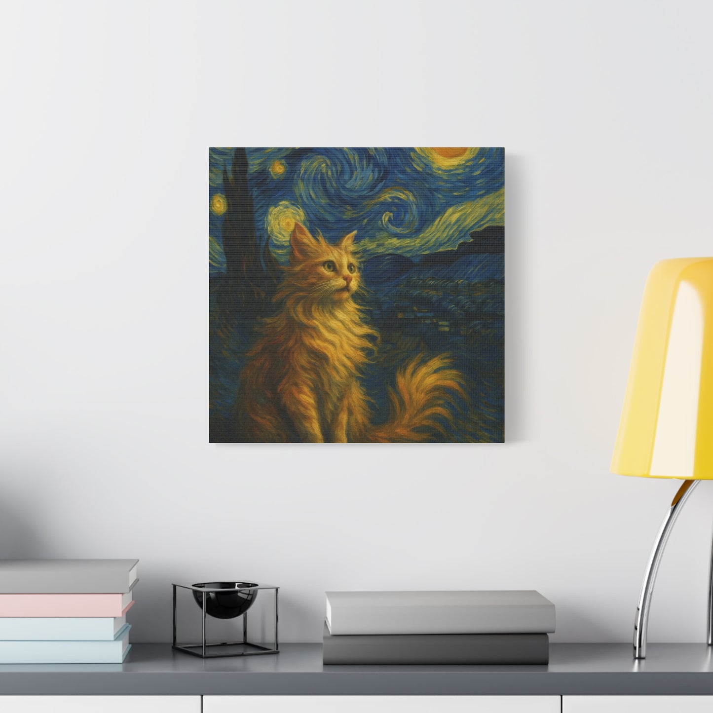Canvas Print, Cat in Starry Night, Funny Cats, Colourful Vibrant, Matte Wall Art, Stretched Canvas, Home Decor, Gift for Cat Lovers