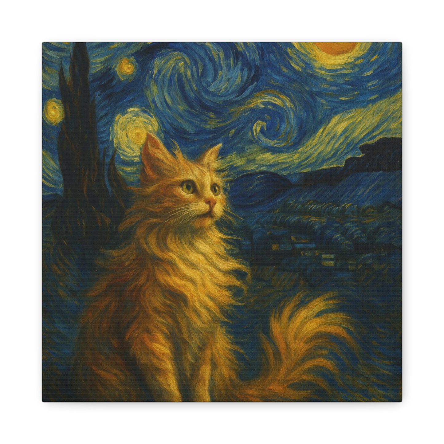 Canvas Print, Cat in Starry Night, Funny Cats, Colourful Vibrant, Matte Wall Art, Stretched Canvas, Home Decor, Gift for Cat Lovers