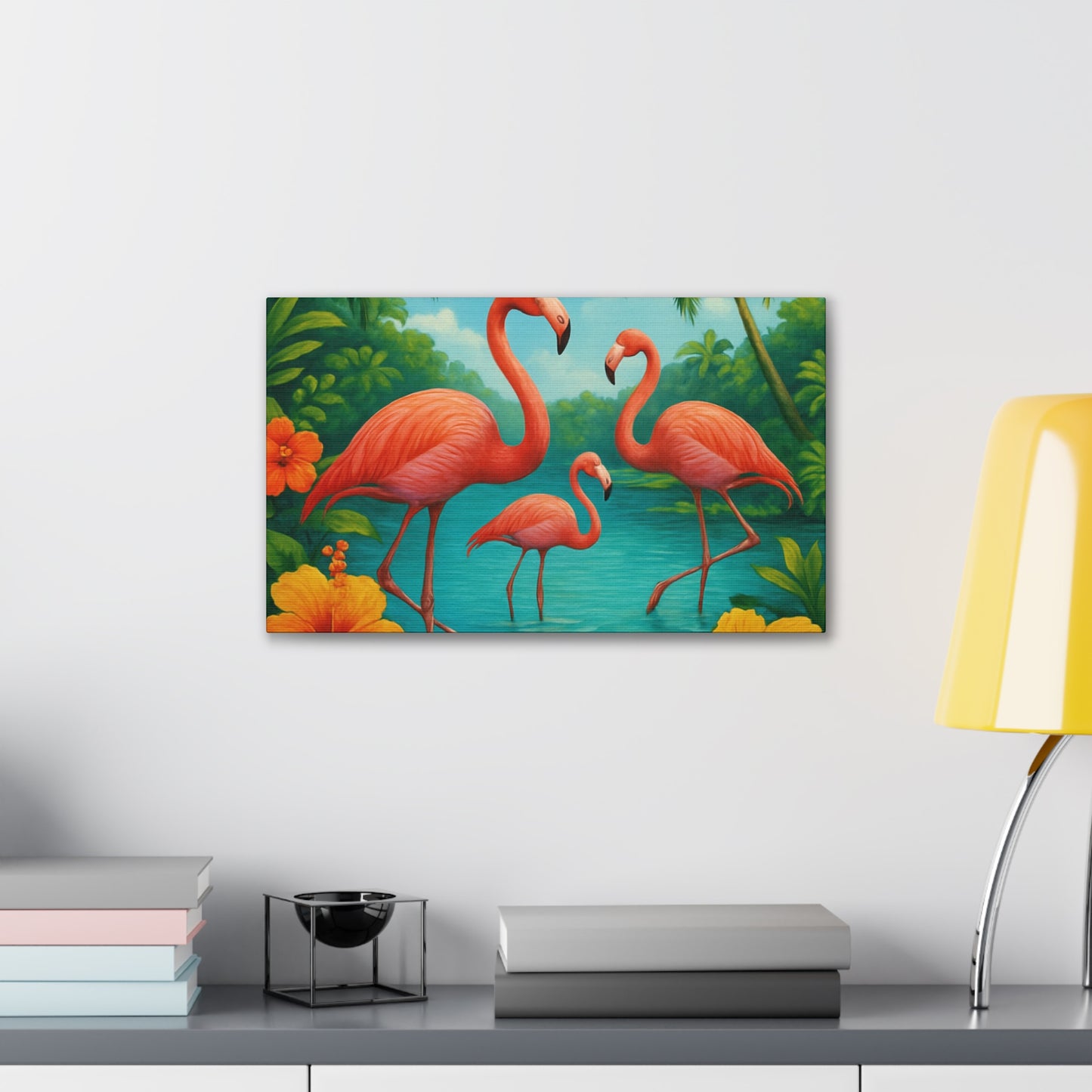 Canvas Wall Art, Tropical Flamingo Scene, Vibrant Nature Decor, Perfect for Living Room, Beach House, Birthday Gift