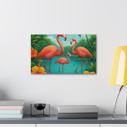 Canvas Wall Art, Tropical Flamingo Scene, Vibrant Nature Decor, Perfect for Living Room, Beach House, Birthday Gift