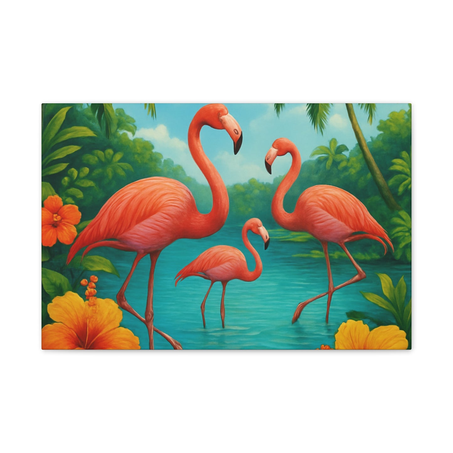 Canvas Wall Art, Tropical Flamingo Scene, Vibrant Nature Decor, Perfect for Living Room, Beach House, Birthday Gift