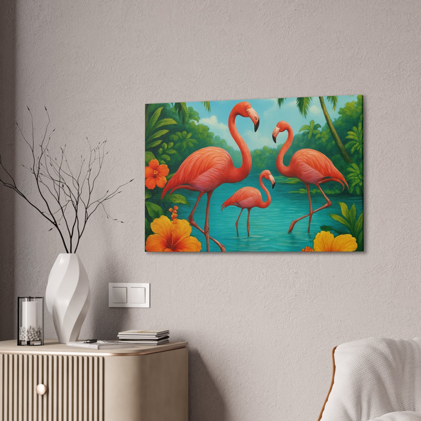 Canvas Wall Art, Tropical Flamingo Scene, Vibrant Nature Decor, Perfect for Living Room, Beach House, Birthday Gift