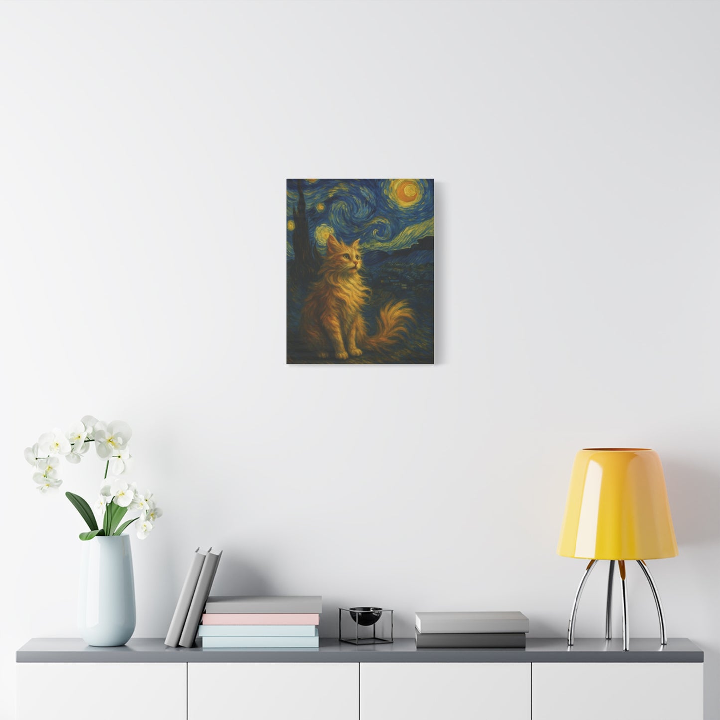 Canvas Print, Cat in Starry Night, Funny Cats, Colourful Vibrant, Matte Wall Art, Stretched Canvas, Home Decor, Gift for Cat Lovers