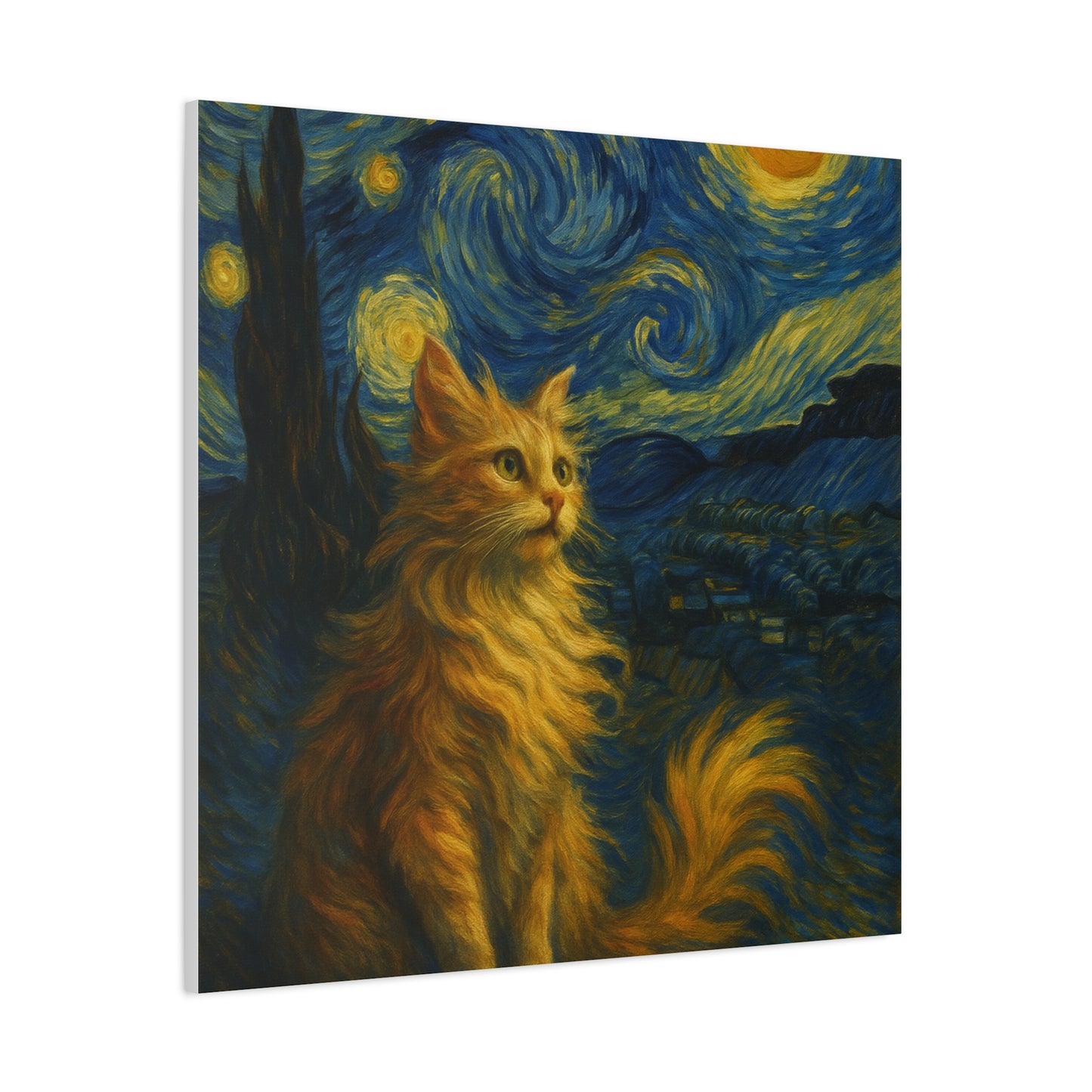 Canvas Print, Cat in Starry Night, Funny Cats, Colourful Vibrant, Matte Wall Art, Stretched Canvas, Home Decor, Gift for Cat Lovers