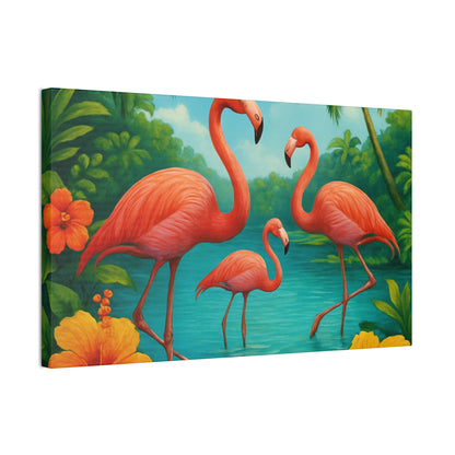 Canvas Wall Art, Tropical Flamingo Scene, Vibrant Nature Decor, Perfect for Living Room, Beach House, Birthday Gift