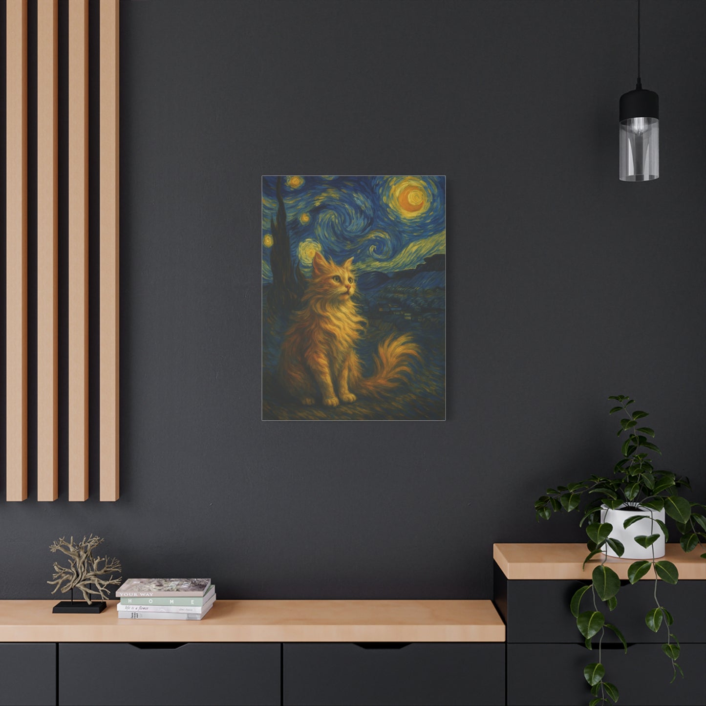 Canvas Print, Cat in Starry Night, Funny Cats, Colourful Vibrant, Matte Wall Art, Stretched Canvas, Home Decor, Gift for Cat Lovers