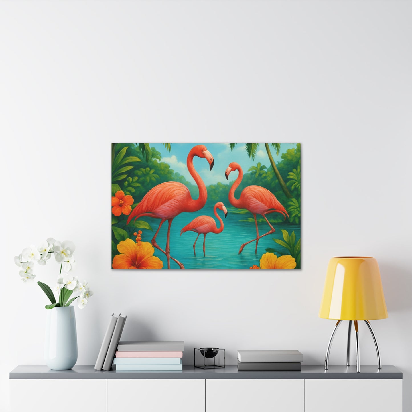 Canvas Wall Art, Tropical Flamingo Scene, Vibrant Nature Decor, Perfect for Living Room, Beach House, Birthday Gift