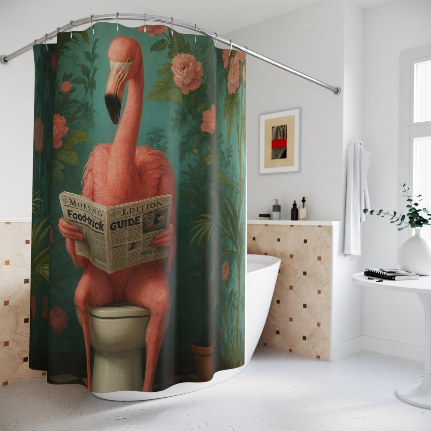 Whimsical Flamingo Shower Curtains with Vibrant Floral Design for Bathroom Decor, Fun Gift for Bird Lovers, Unique Home Accessory