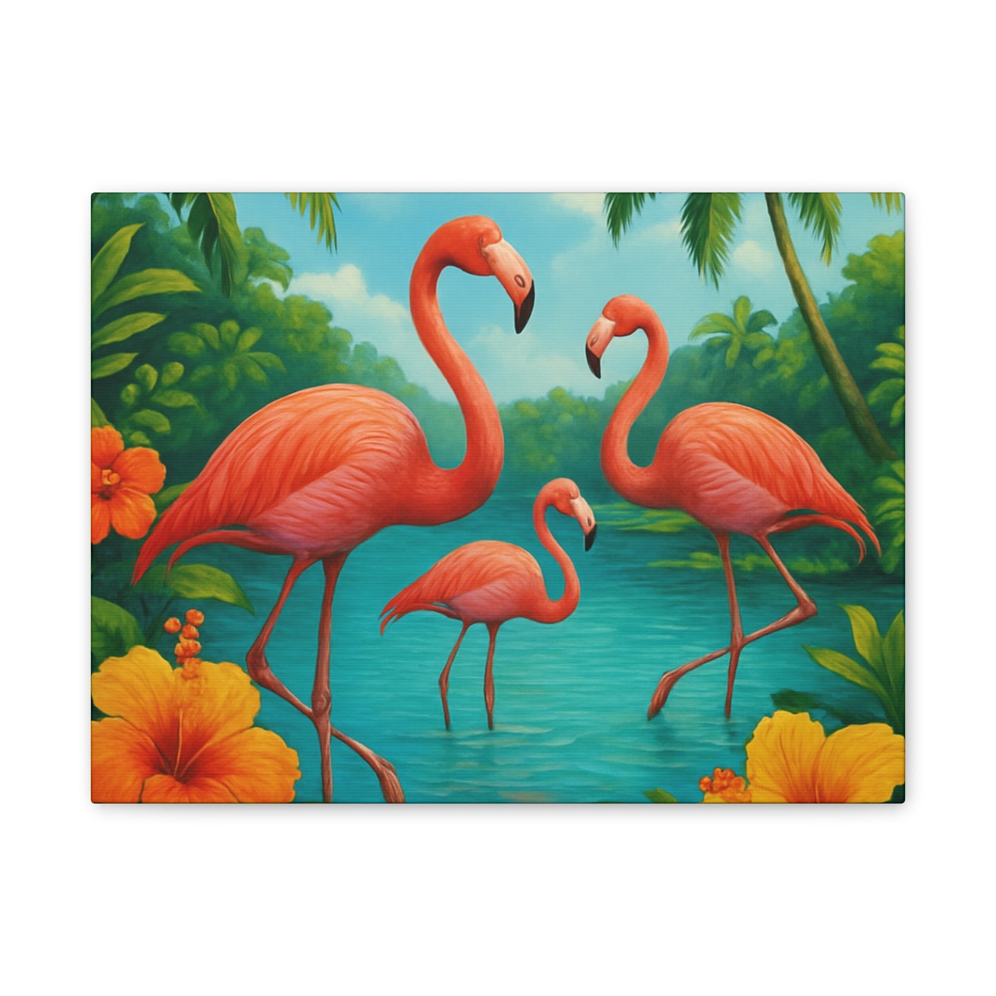 Canvas Wall Art, Tropical Flamingo Scene, Vibrant Nature Decor, Perfect for Living Room, Beach House, Birthday Gift
