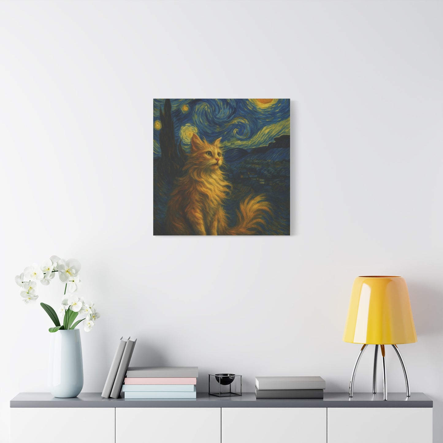 Canvas Print, Cat in Starry Night, Funny Cats, Colourful Vibrant, Matte Wall Art, Stretched Canvas, Home Decor, Gift for Cat Lovers