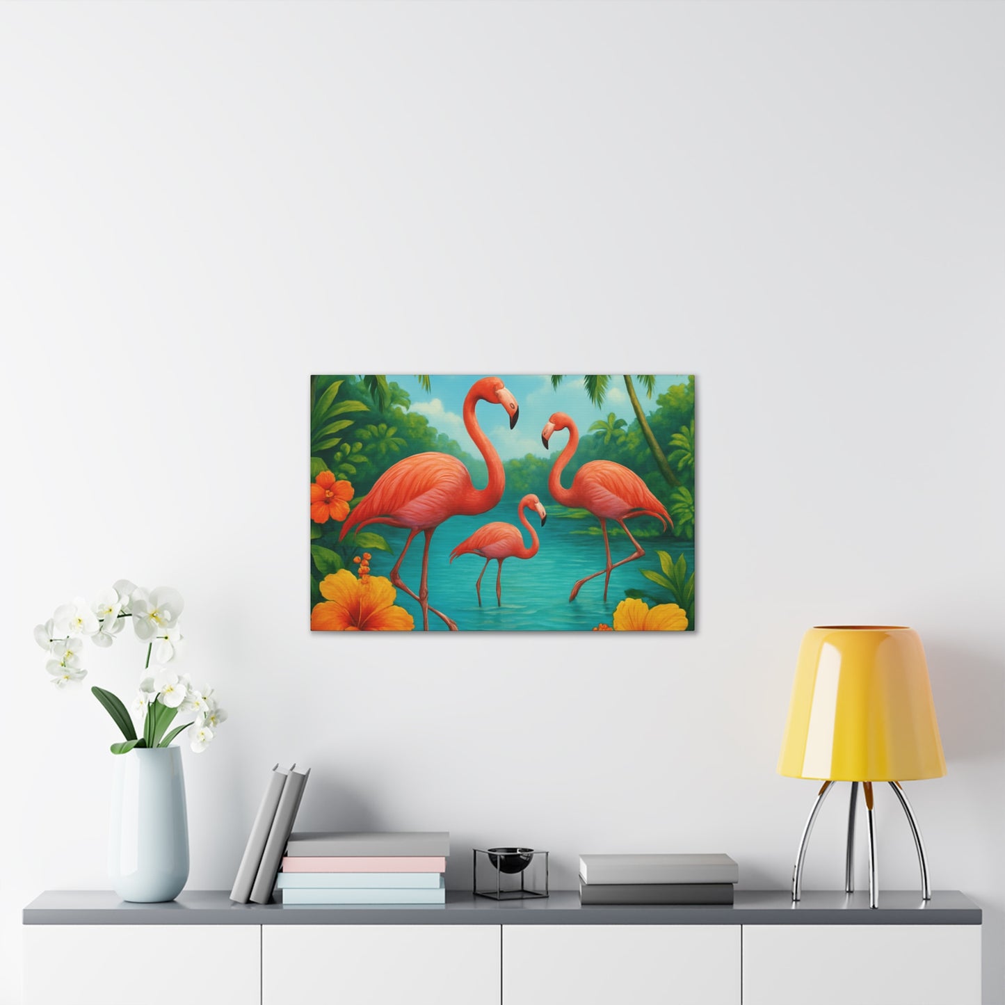 Canvas Wall Art, Tropical Flamingo Scene, Vibrant Nature Decor, Perfect for Living Room, Beach House, Birthday Gift