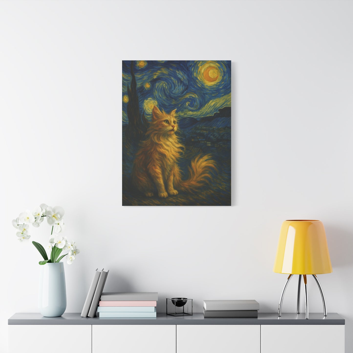 Canvas Print, Cat in Starry Night, Funny Cats, Colourful Vibrant, Matte Wall Art, Stretched Canvas, Home Decor, Gift for Cat Lovers