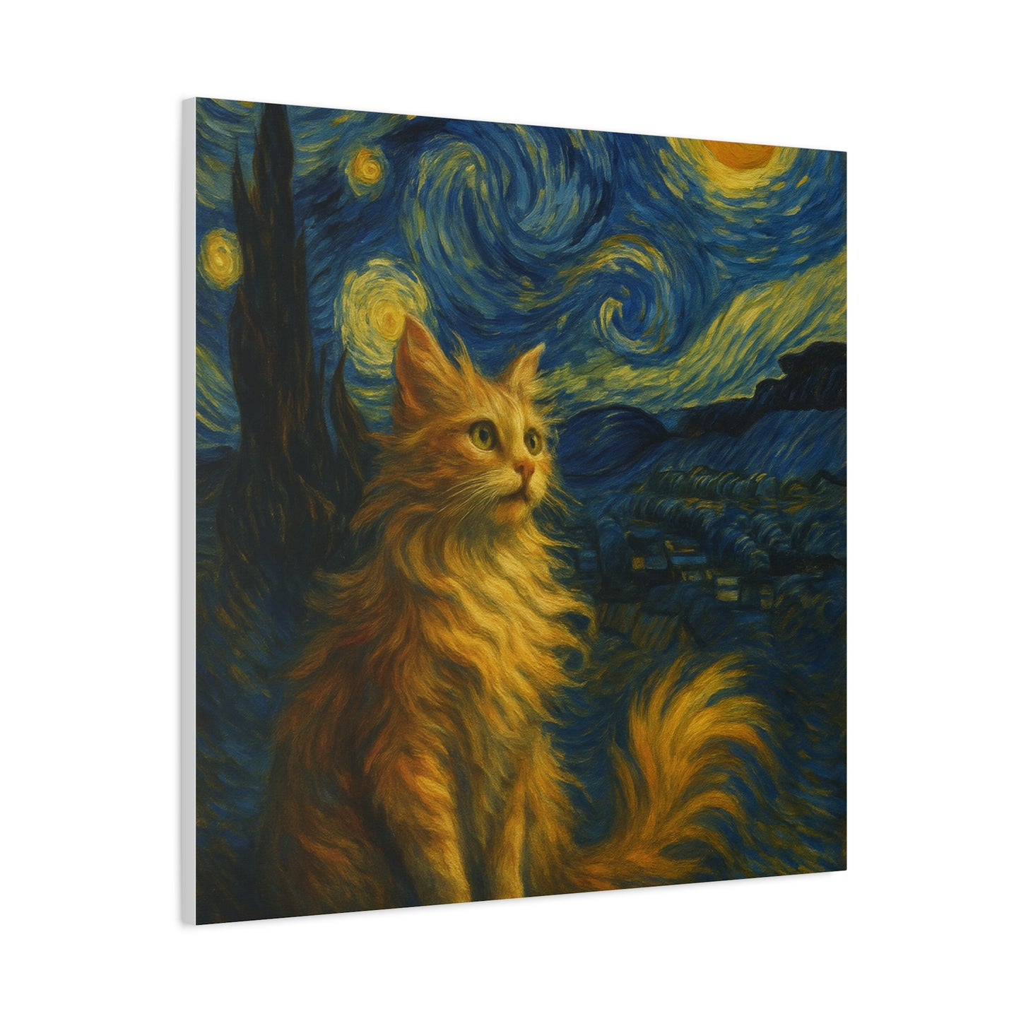 Canvas Print, Cat in Starry Night, Funny Cats, Colourful Vibrant, Matte Wall Art, Stretched Canvas, Home Decor, Gift for Cat Lovers