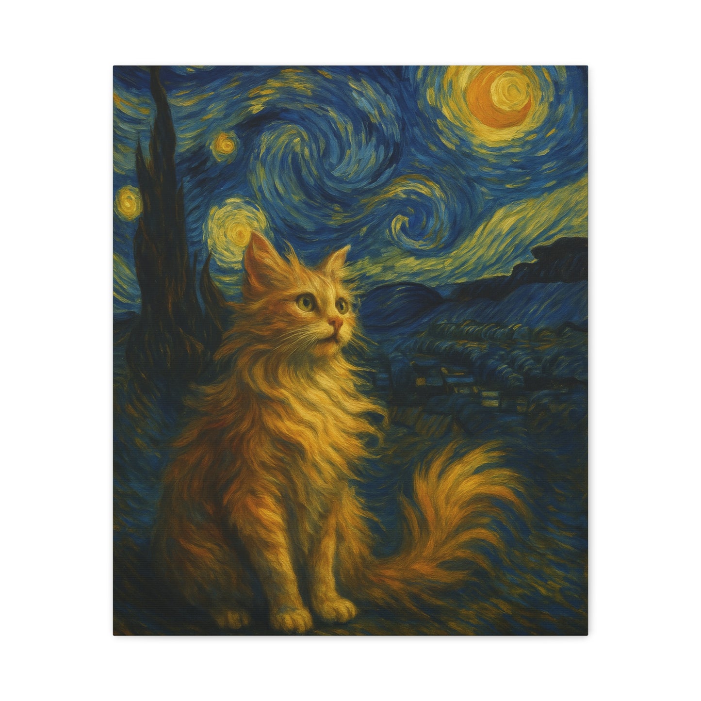 Canvas Print, Cat in Starry Night, Funny Cats, Colourful Vibrant, Matte Wall Art, Stretched Canvas, Home Decor, Gift for Cat Lovers