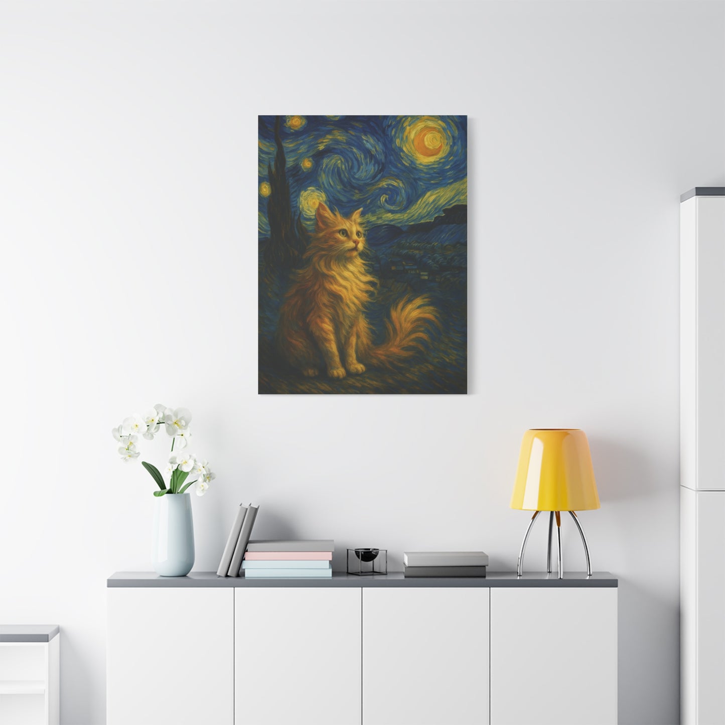 Canvas Print, Cat in Starry Night, Funny Cats, Colourful Vibrant, Matte Wall Art, Stretched Canvas, Home Decor, Gift for Cat Lovers