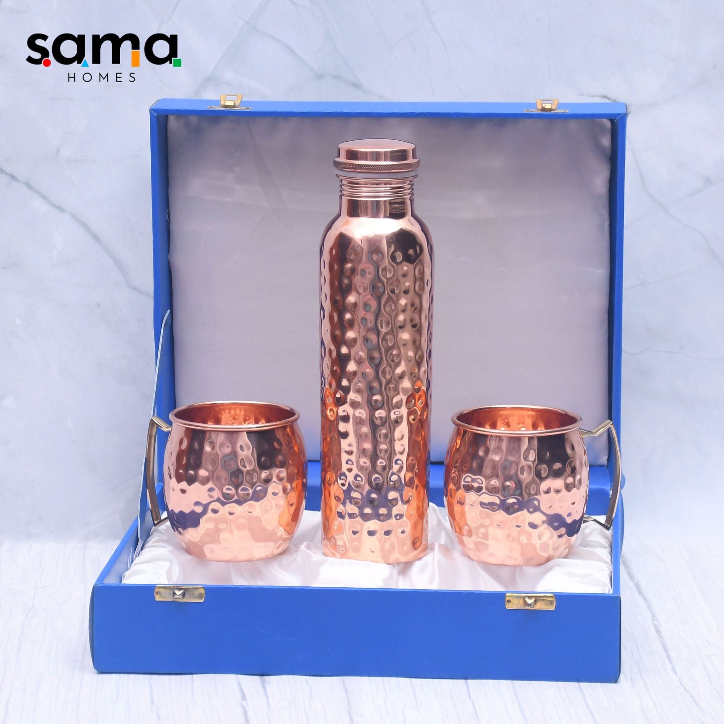 Premium Copper Water Bottle & 2 Moscow Mule Mug Set – Half-Hammered Finish | Luxury Royal Gifting Box | Ayurvedic, Sustainable & Elegant