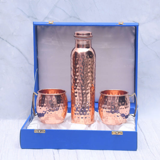 Premium Copper Water Bottle & 2 Moscow Mule Mug Set – Half-Hammered Finish | Luxury Royal Gifting Box | Ayurvedic, Sustainable & Elegant