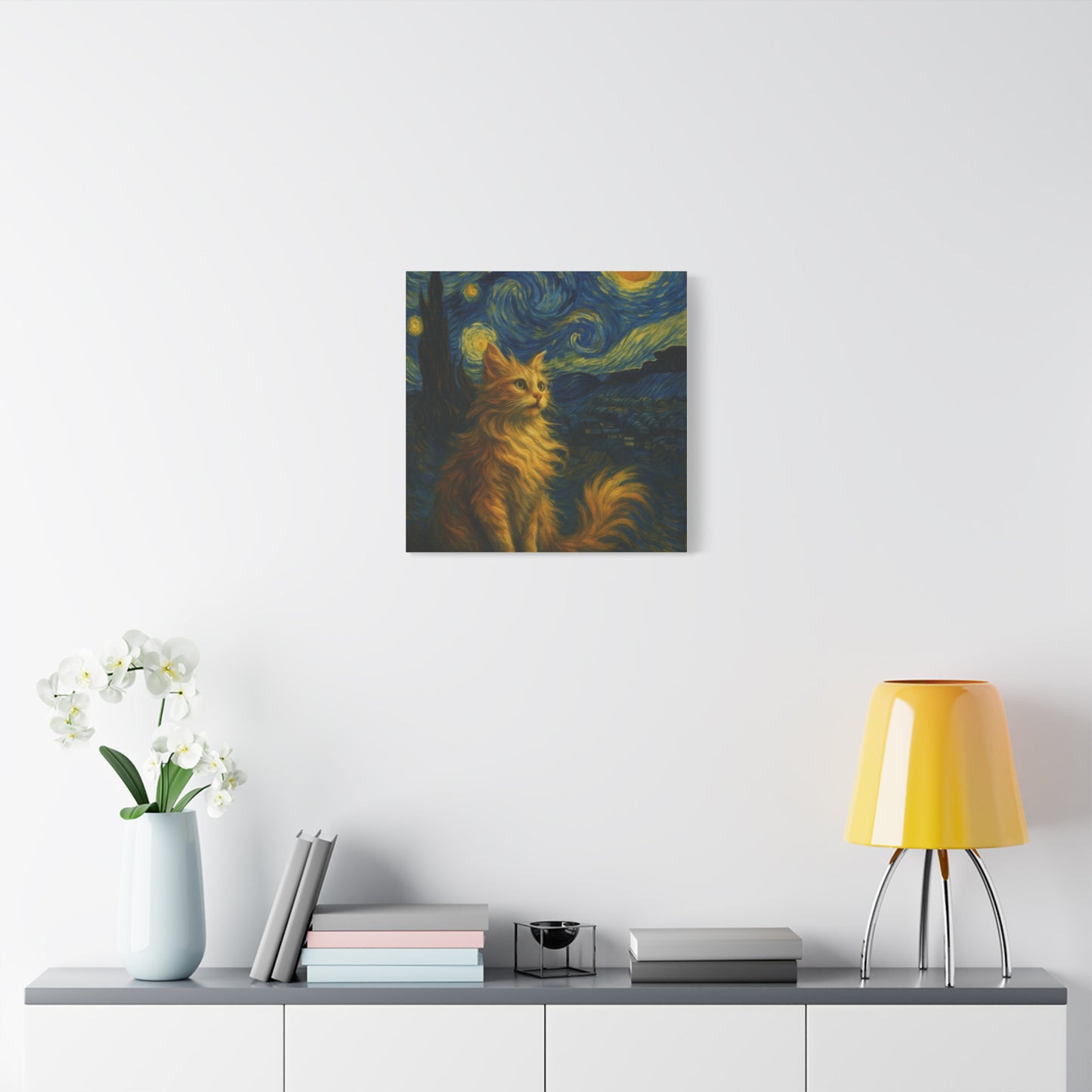 Canvas Print, Cat in Starry Night, Funny Cats, Colourful Vibrant, Matte Wall Art, Stretched Canvas, Home Decor, Gift for Cat Lovers