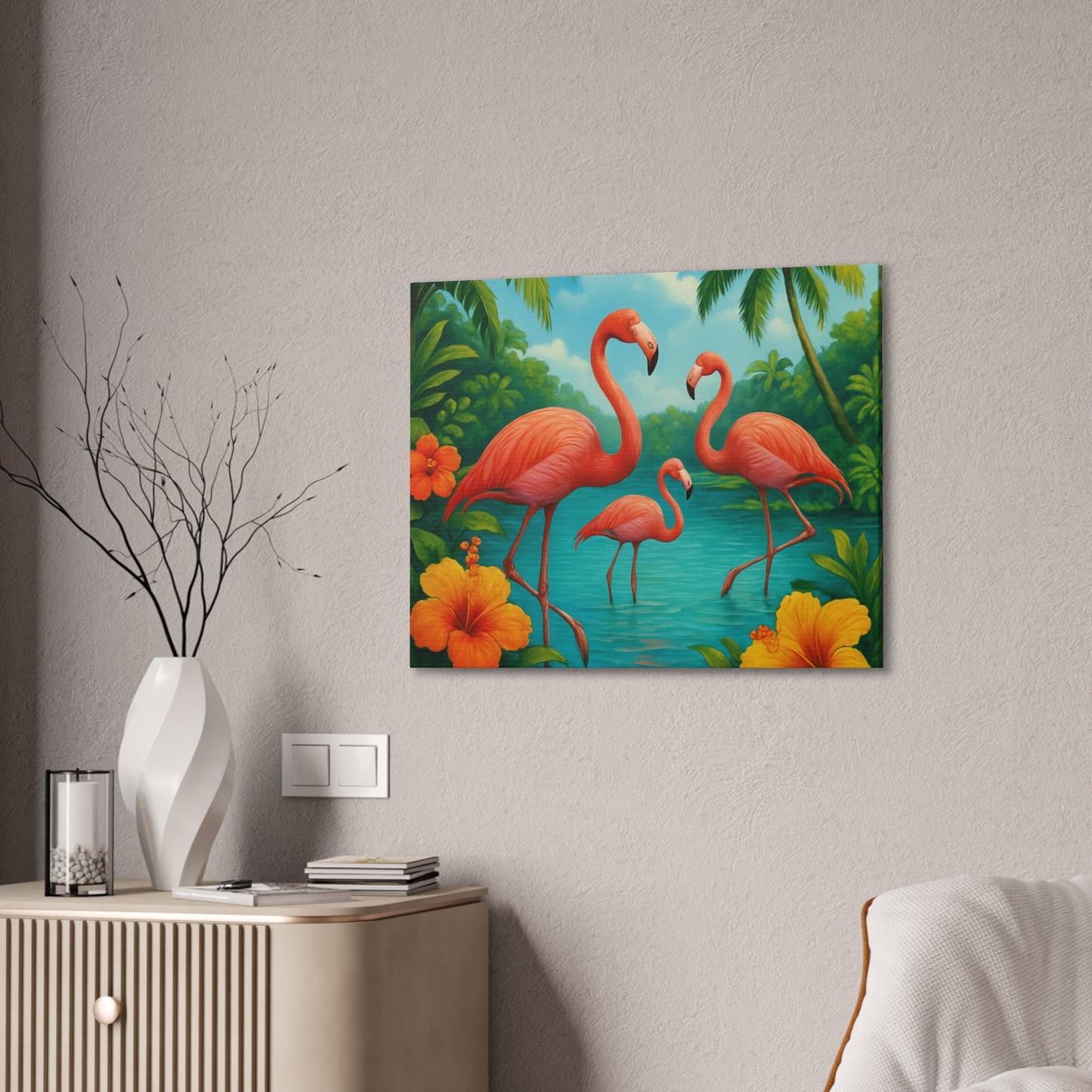 Canvas Wall Art, Tropical Flamingo Scene, Vibrant Nature Decor, Perfect for Living Room, Beach House, Birthday Gift