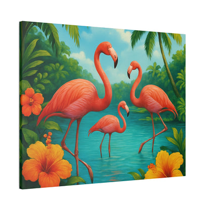 Canvas Wall Art, Tropical Flamingo Scene, Vibrant Nature Decor, Perfect for Living Room, Beach House, Birthday Gift