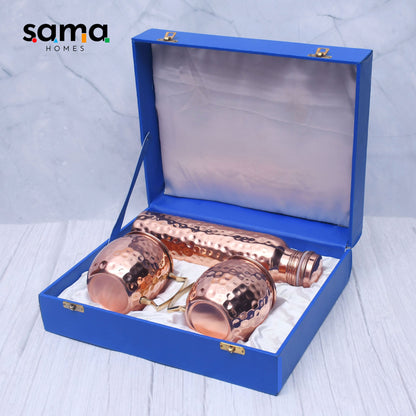 Premium Copper Water Bottle & 2 Moscow Mule Mug Set – Half-Hammered Finish | Luxury Royal Gifting Box | Ayurvedic, Sustainable & Elegant