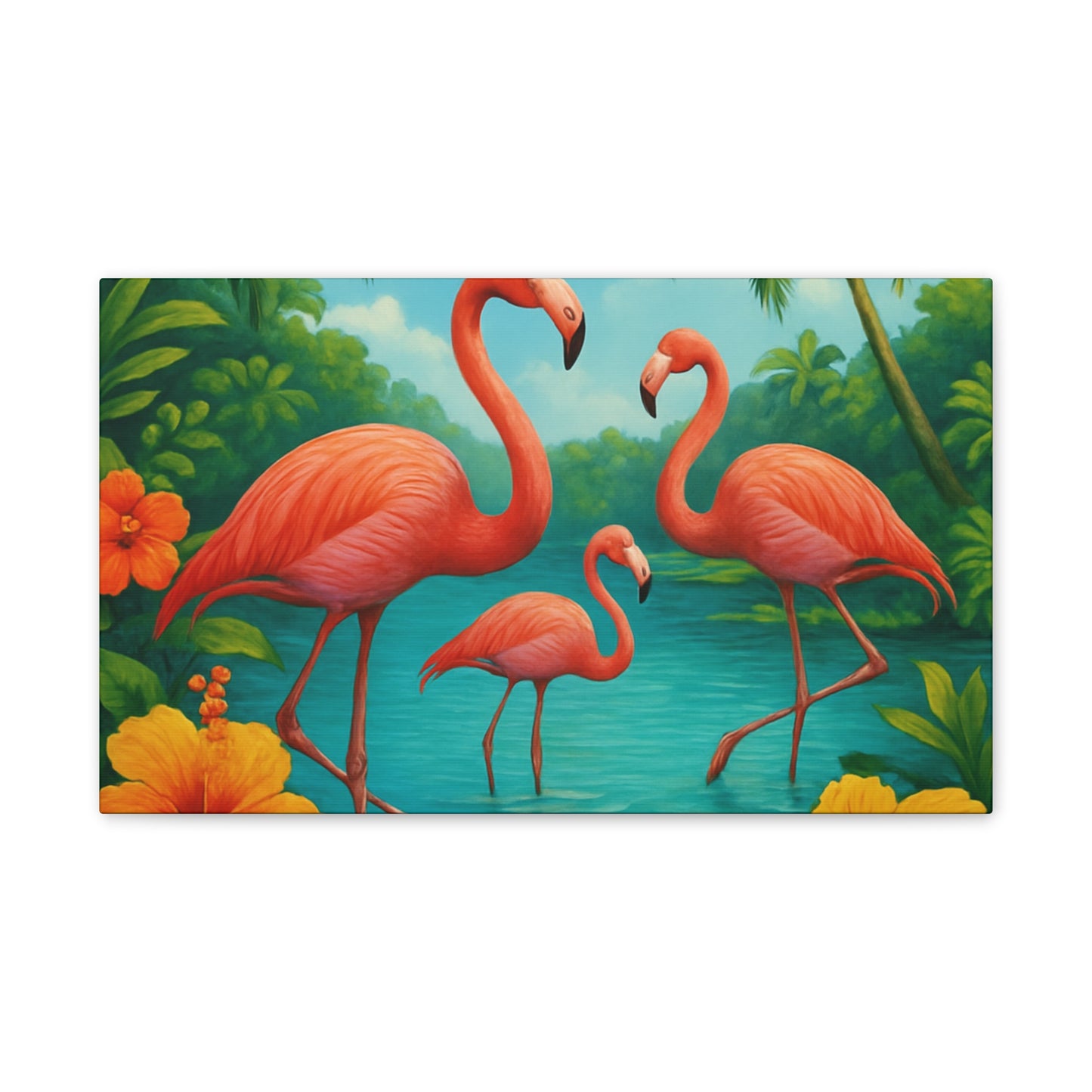 Canvas Wall Art, Tropical Flamingo Scene, Vibrant Nature Decor, Perfect for Living Room, Beach House, Birthday Gift