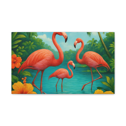 Canvas Wall Art, Tropical Flamingo Scene, Vibrant Nature Decor, Perfect for Living Room, Beach House, Birthday Gift