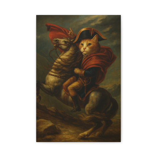 Cat Napoleon Crossing the Alps Decor, Whimsical Home Wall Art, Stretched Matte Canvas, 1 25 Inch, Cat Lover Gift, Funny Animal