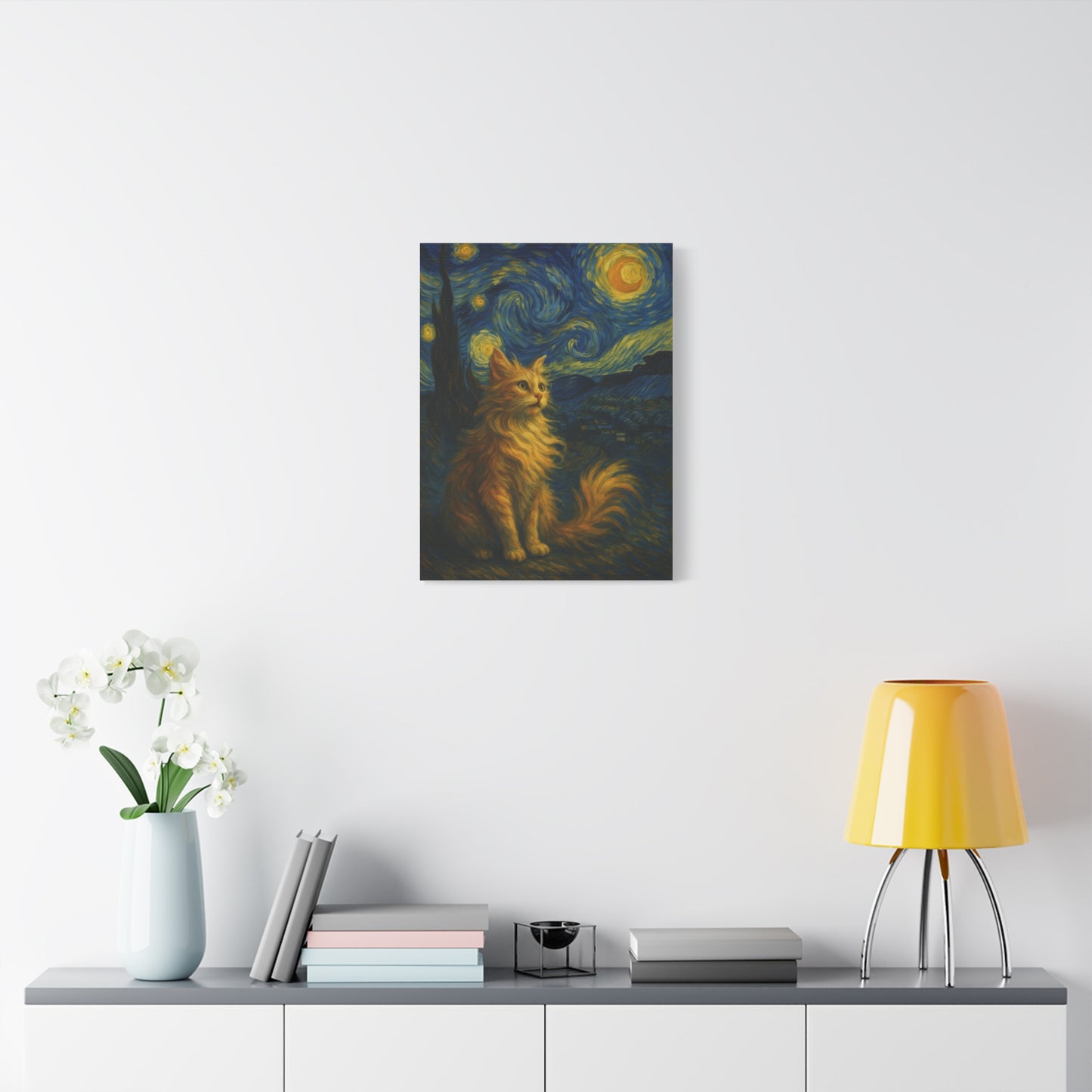 Canvas Print, Cat in Starry Night, Funny Cats, Colourful Vibrant, Matte Wall Art, Stretched Canvas, Home Decor, Gift for Cat Lovers