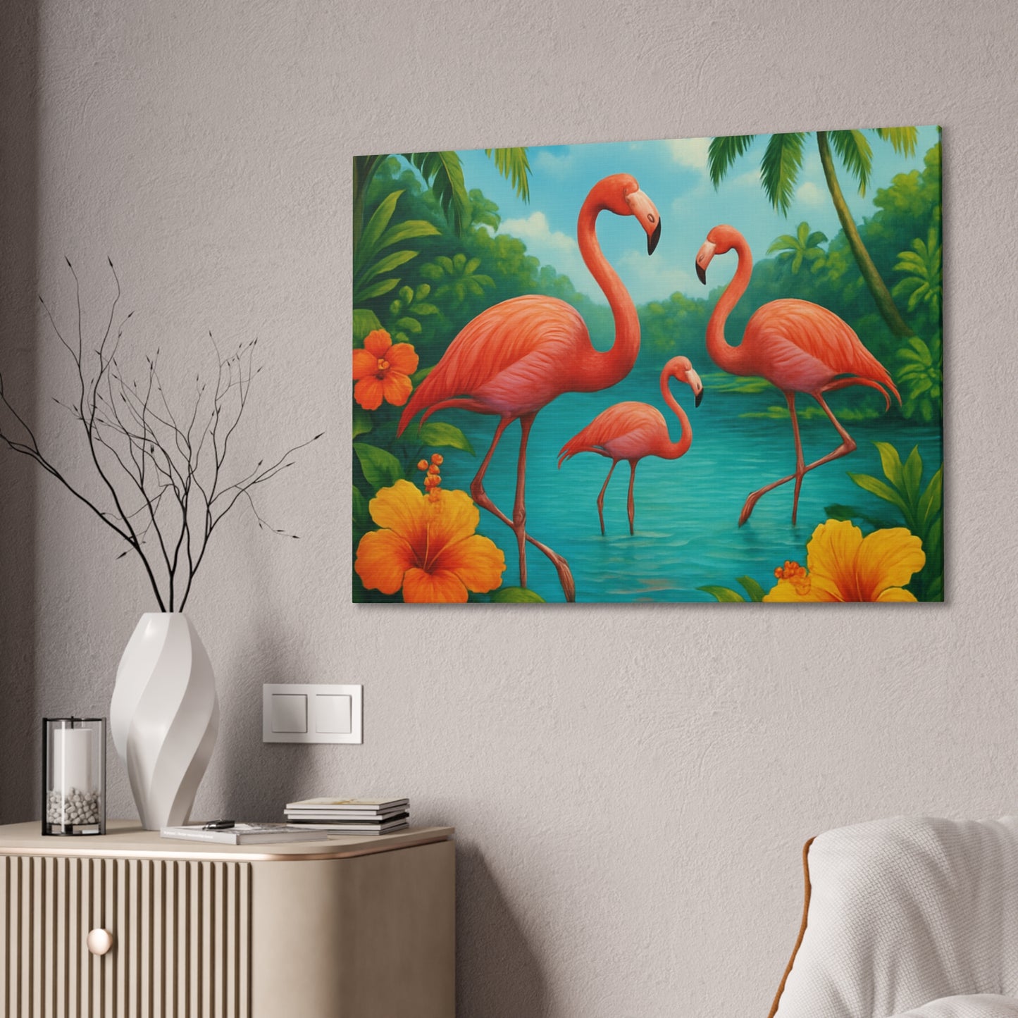 Canvas Wall Art, Tropical Flamingo Scene, Vibrant Nature Decor, Perfect for Living Room, Beach House, Birthday Gift