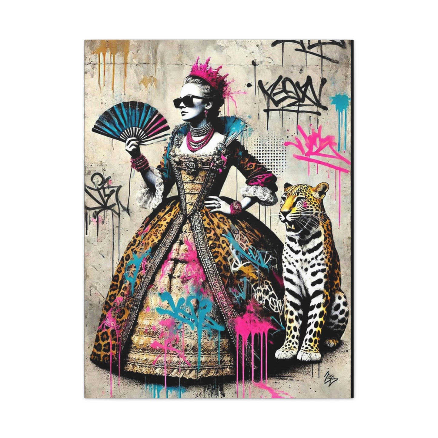 Canvas Print, Street Art Wall Decor, Graffiti Home Art, Queen with Fan, Leopard, Bohemian Decor, Urban Art Poster