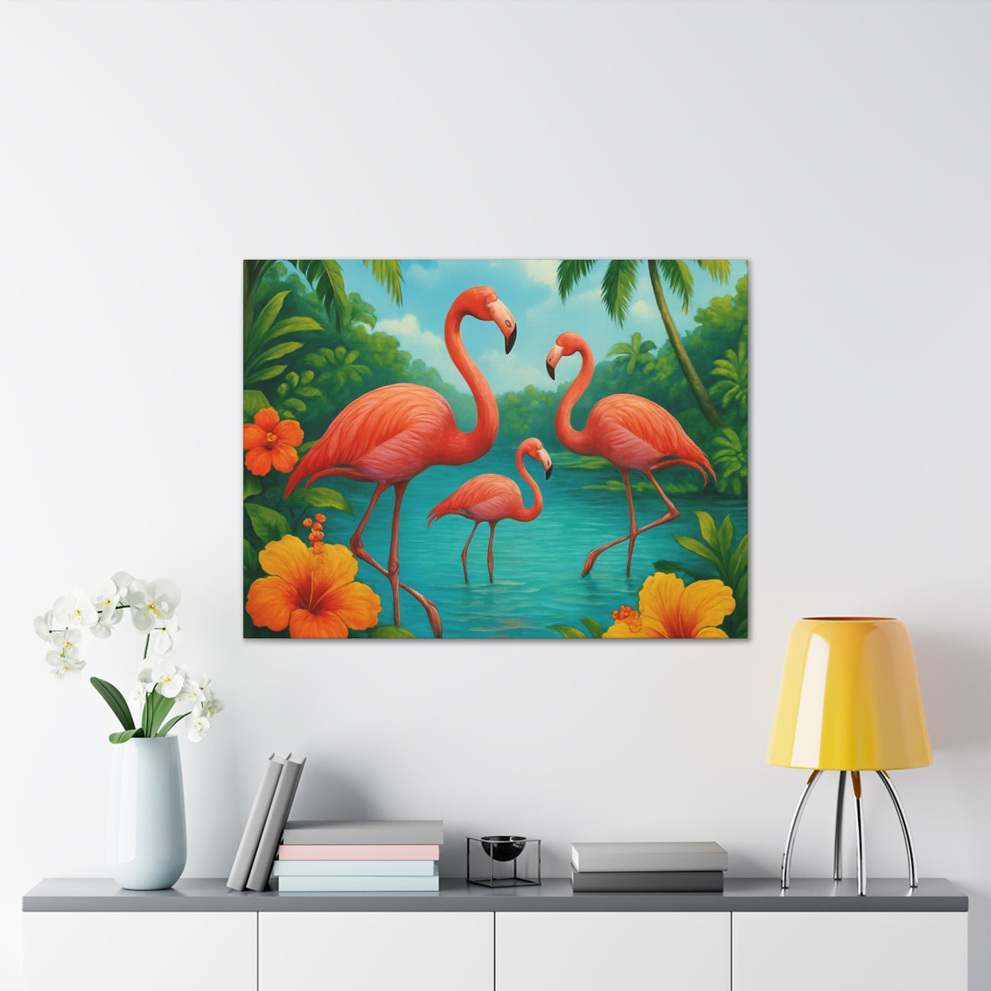Canvas Wall Art, Tropical Flamingo Scene, Vibrant Nature Decor, Perfect for Living Room, Beach House, Birthday Gift