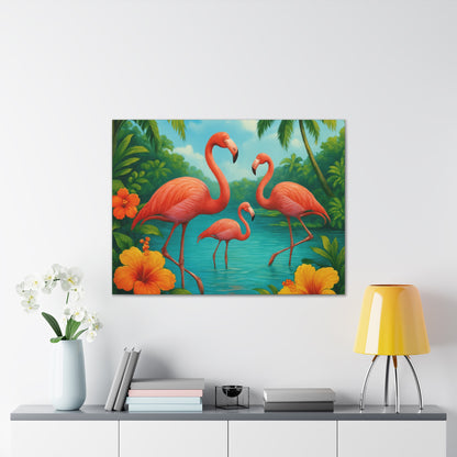 Canvas Wall Art, Tropical Flamingo Scene, Vibrant Nature Decor, Perfect for Living Room, Beach House, Birthday Gift