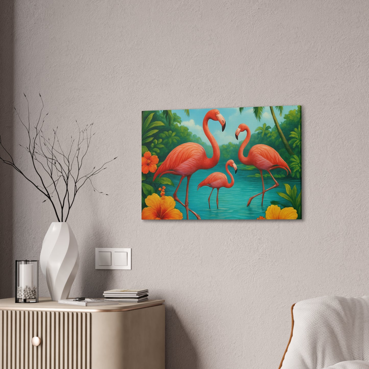 Canvas Wall Art, Tropical Flamingo Scene, Vibrant Nature Decor, Perfect for Living Room, Beach House, Birthday Gift