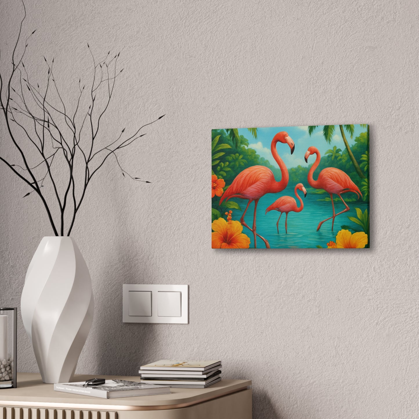Canvas Wall Art, Tropical Flamingo Scene, Vibrant Nature Decor, Perfect for Living Room, Beach House, Birthday Gift