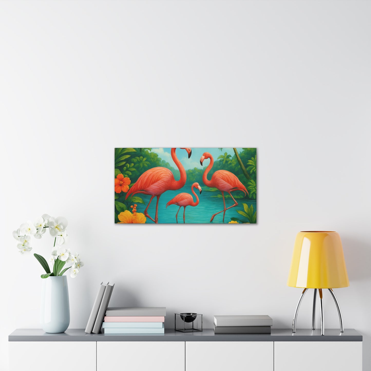 Canvas Wall Art, Tropical Flamingo Scene, Vibrant Nature Decor, Perfect for Living Room, Beach House, Birthday Gift