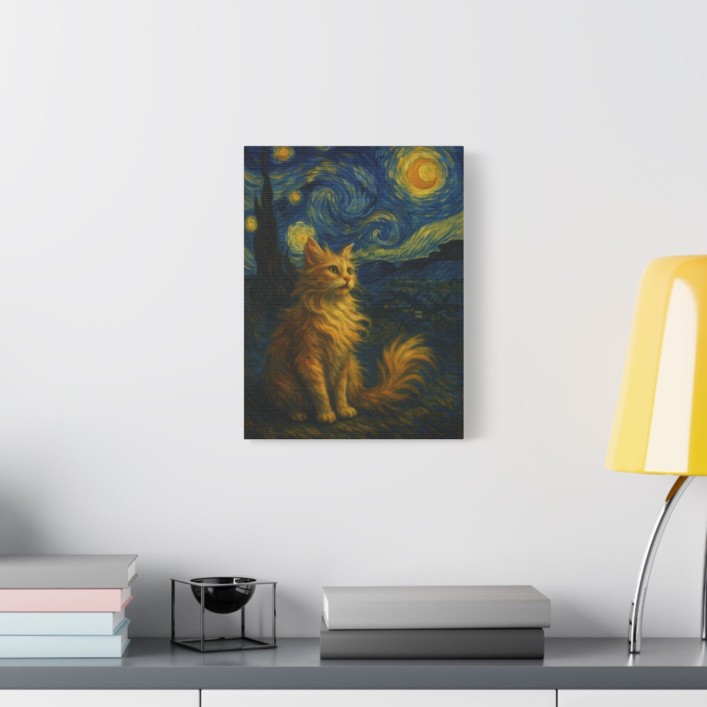 Canvas Print, Cat in Starry Night, Funny Cats, Colourful Vibrant, Matte Wall Art, Stretched Canvas, Home Decor, Gift for Cat Lovers