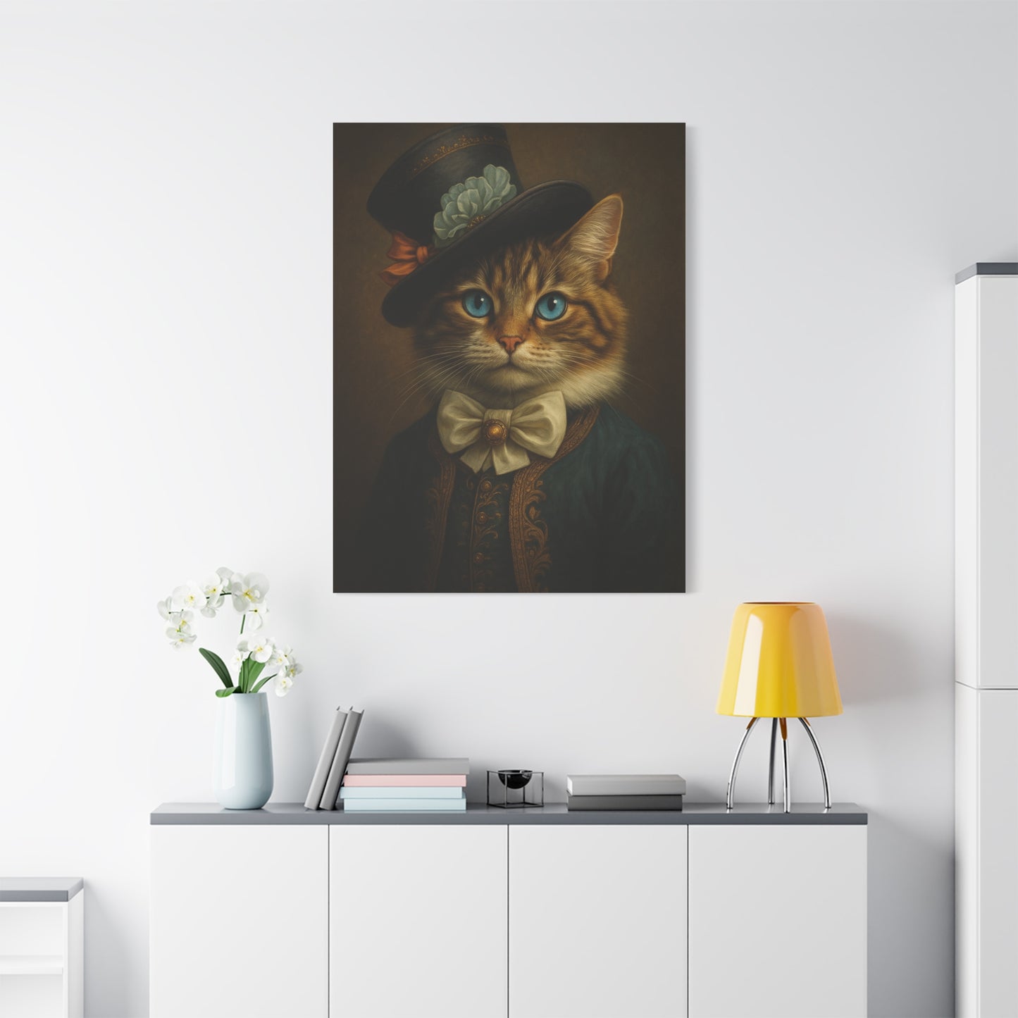 Canvas Wall Art, Whimsical Cat in Fancy Attire, Stretched Matte Canvas Print, Home Decor, Cat Lover Gift, Animal Artwork, Unique