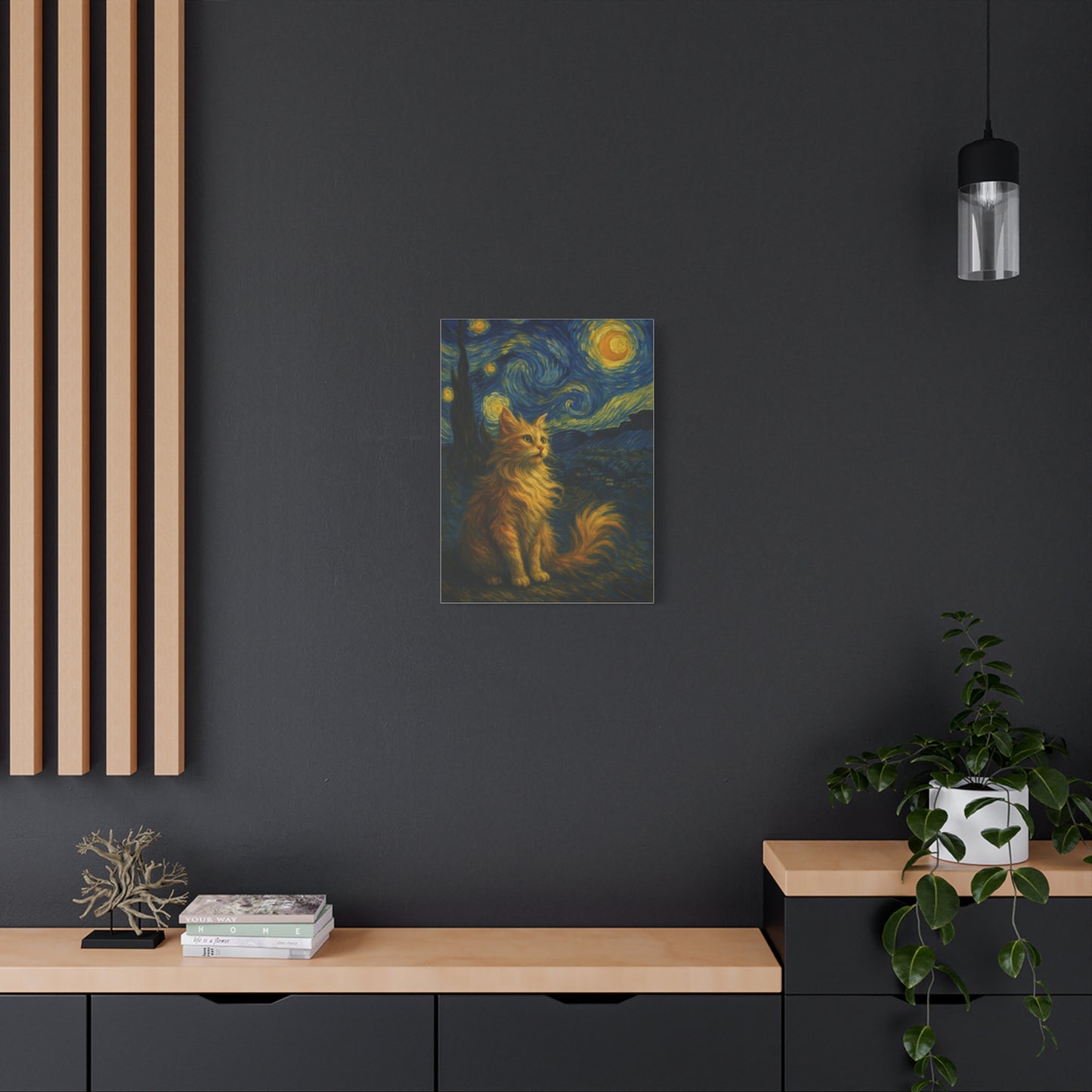 Canvas Print, Cat in Starry Night, Funny Cats, Colourful Vibrant, Matte Wall Art, Stretched Canvas, Home Decor, Gift for Cat Lovers