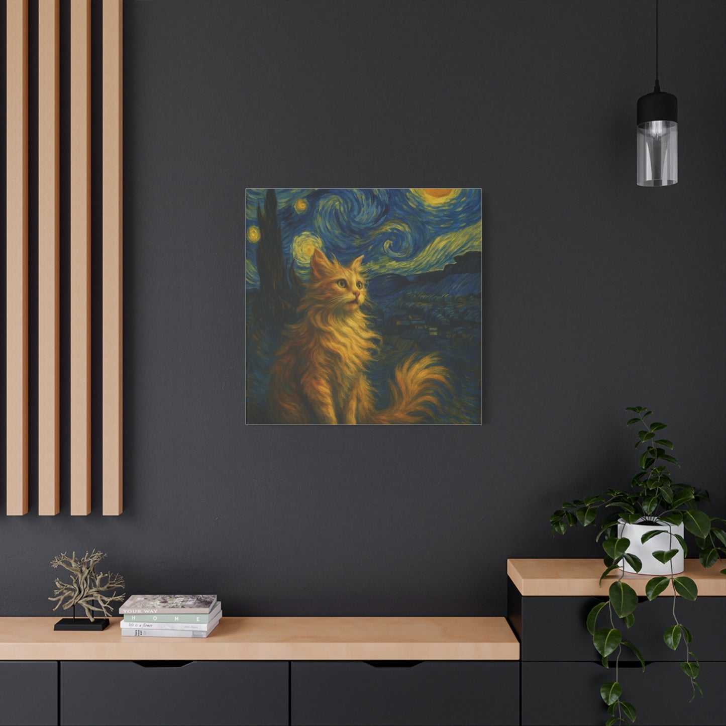 Canvas Print, Cat in Starry Night, Funny Cats, Colourful Vibrant, Matte Wall Art, Stretched Canvas, Home Decor, Gift for Cat Lovers