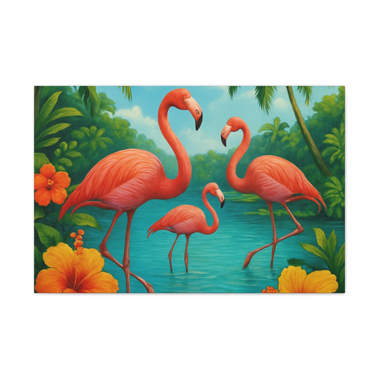 Canvas Wall Art, Tropical Flamingo Scene, Vibrant Nature Decor, Perfect for Living Room, Beach House, Birthday Gift