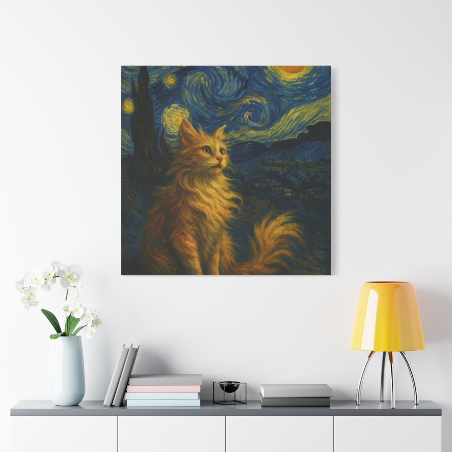 Canvas Print, Cat in Starry Night, Funny Cats, Colourful Vibrant, Matte Wall Art, Stretched Canvas, Home Decor, Gift for Cat Lovers