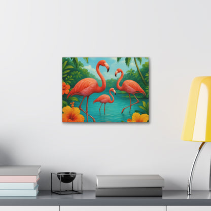 Canvas Wall Art, Tropical Flamingo Scene, Vibrant Nature Decor, Perfect for Living Room, Beach House, Birthday Gift