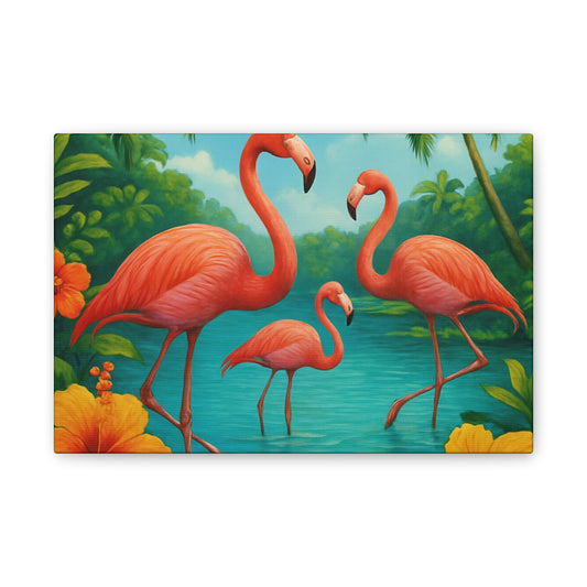 Canvas Wall Art, Tropical Flamingo Scene, Vibrant Nature Decor, Perfect for Living Room, Beach House, Birthday Gift